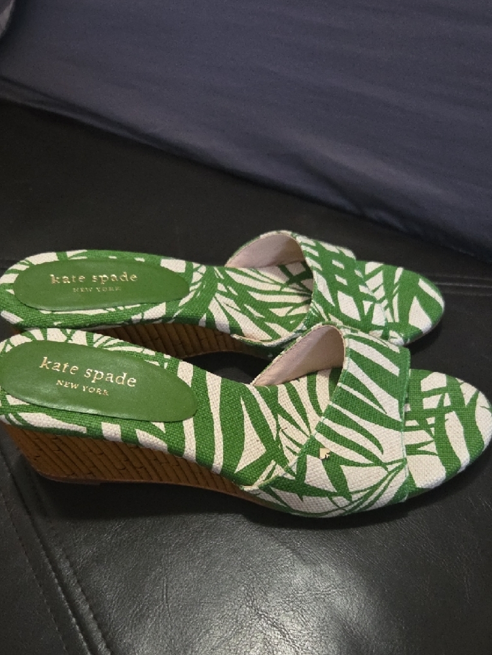 kate spade Green and Cream Palm-Print Slide Mules - Picture 5 of 10